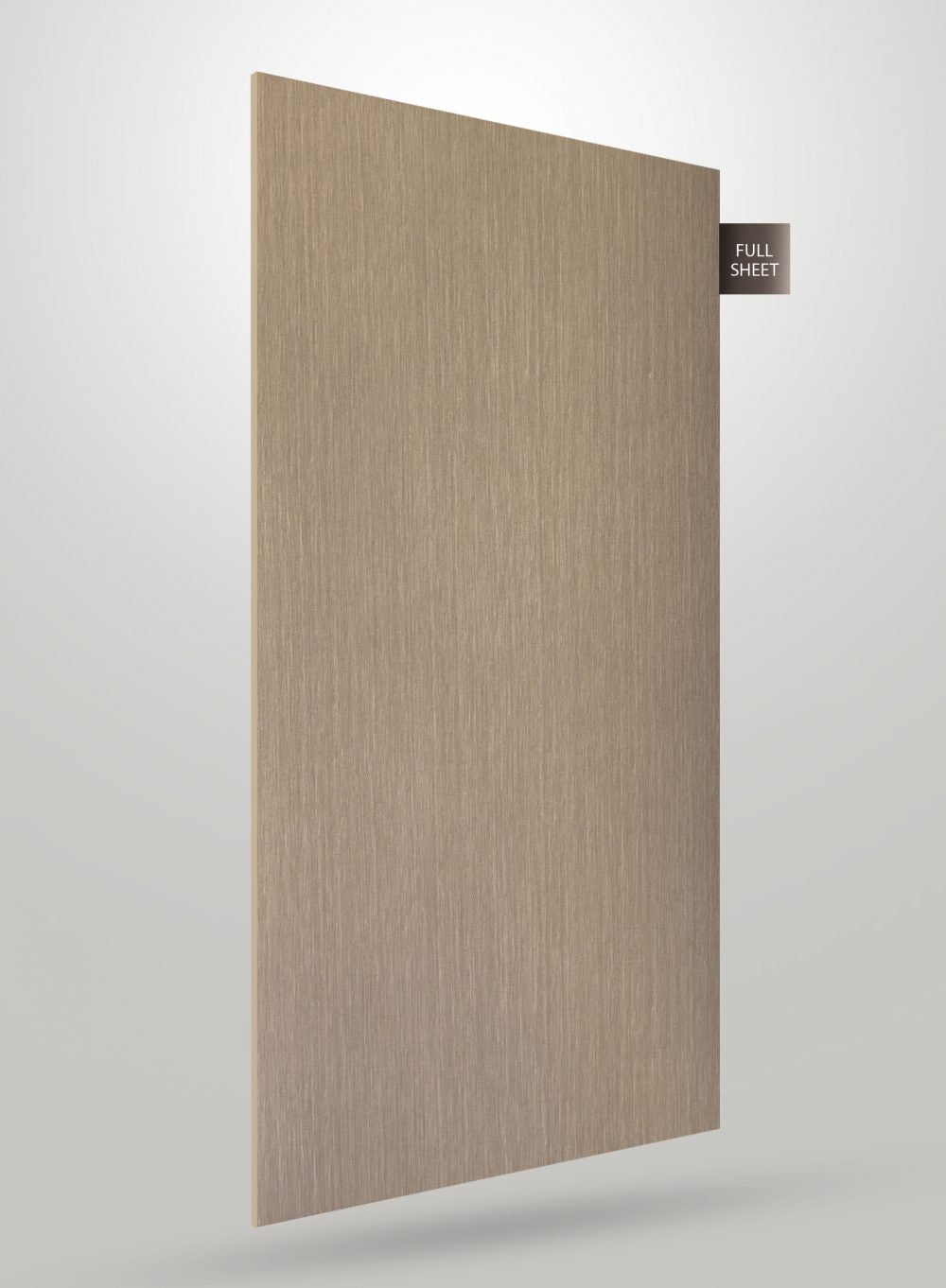 Beige fabric laminate sheet with matte finish and textured pattern, showing full sheet view with subtle vertical grain.