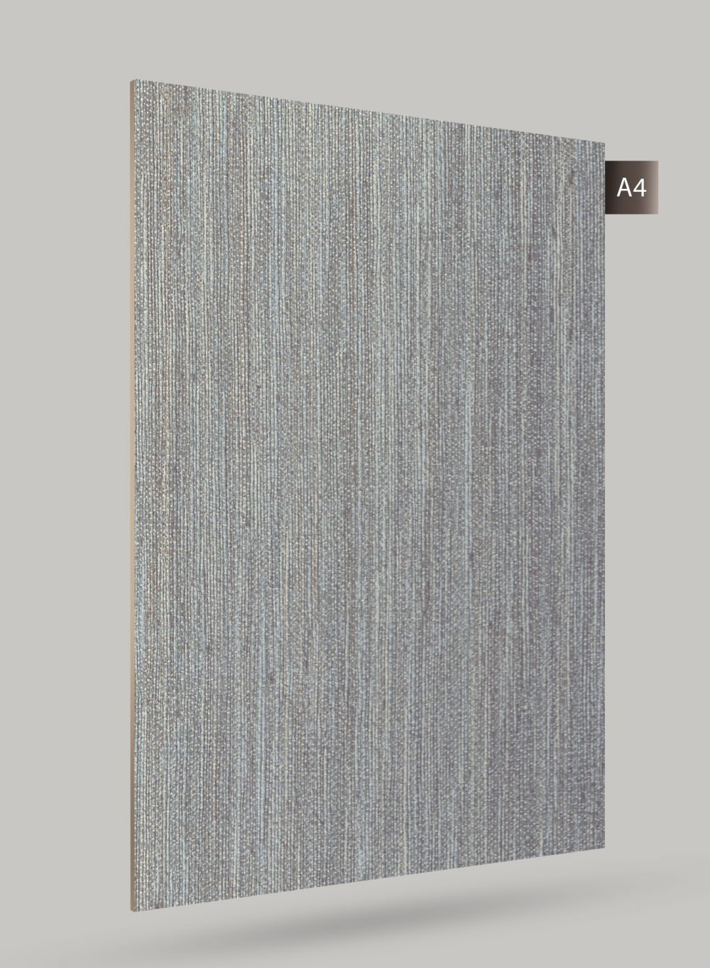 Grey fabric laminate with matte finish and textured pattern, showing vertical lines and subtle grain.