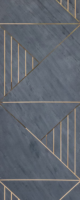 Gold geometric louver panel with textured grey marble background and gold accents forming triangular patterns and lines.