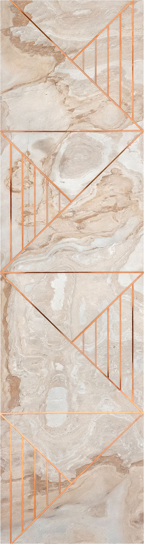 Gold marble textured designer wall panel with orange geometric louver pattern and vertical slats.