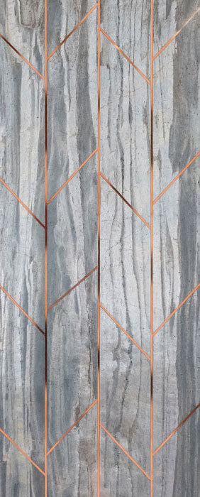 Grey marble louver with textured finish and orange chevron pattern on vertical panels