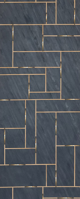 Grey marble wall panel with textured finish and gold accents in a brick pattern design