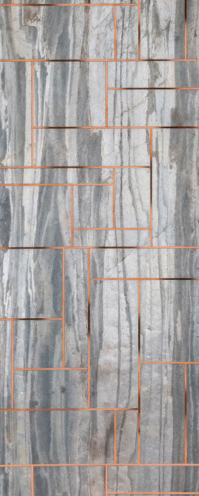 Grey marble wall panel with textured finish and rectangular pattern, showcasing stone grain and veining details in a