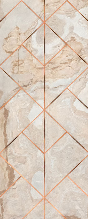 Beige marble wall panel with textured diamond pattern and copper accents in a geometric design