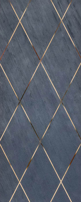 Grey marble wall panel with diamond pattern and textured finish, featuring gold accents between tiles.