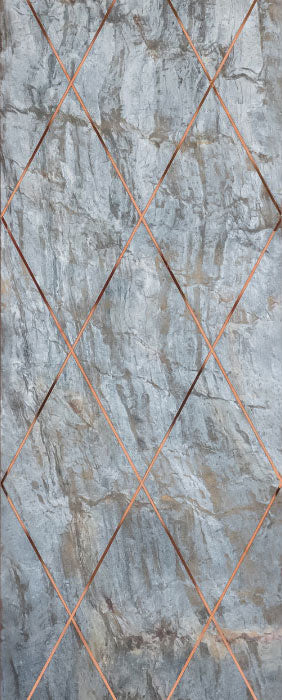 Grey marble texture louver panel with diamond pattern and orange grid lines, showing stone grain and textured finish.