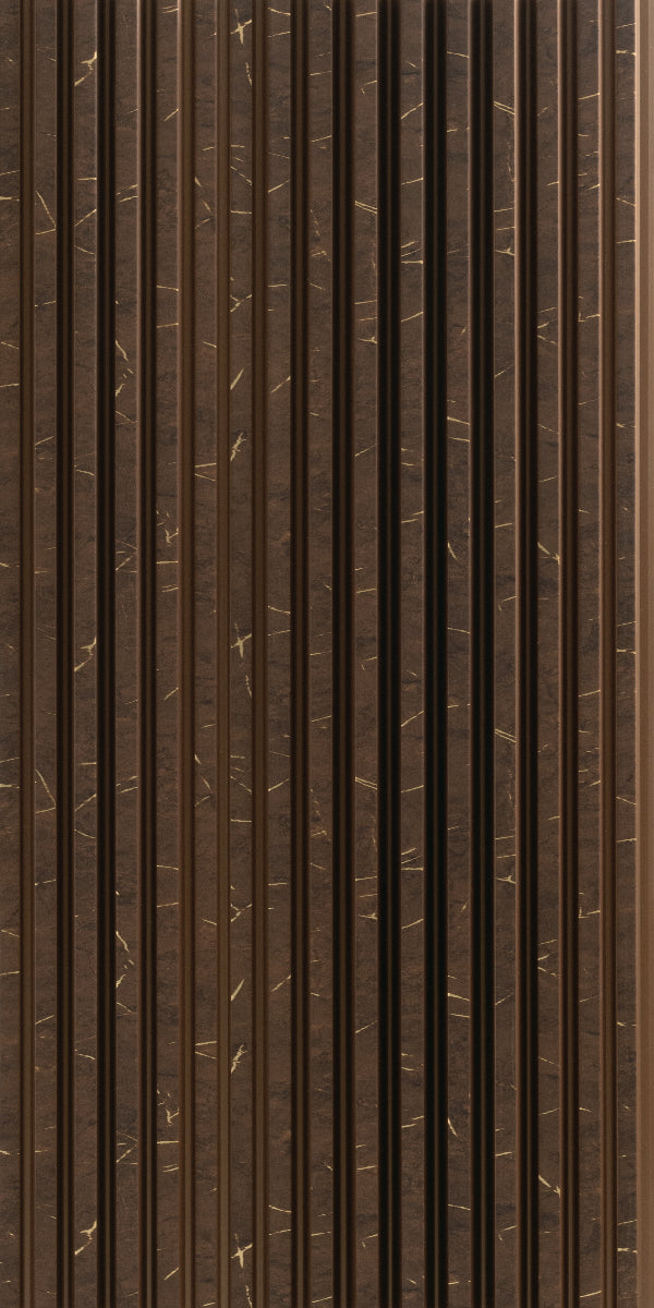 Brown marble laminate wall panel with mirror finish, vertical ridges and gold veining pattern on dark brown background.