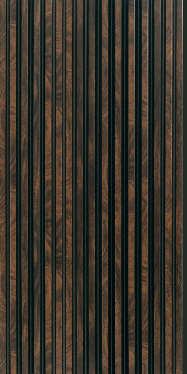 Brown wood laminate with mirror finish and vertical grooves, featuring a wood grain pattern and reflective sheen.
