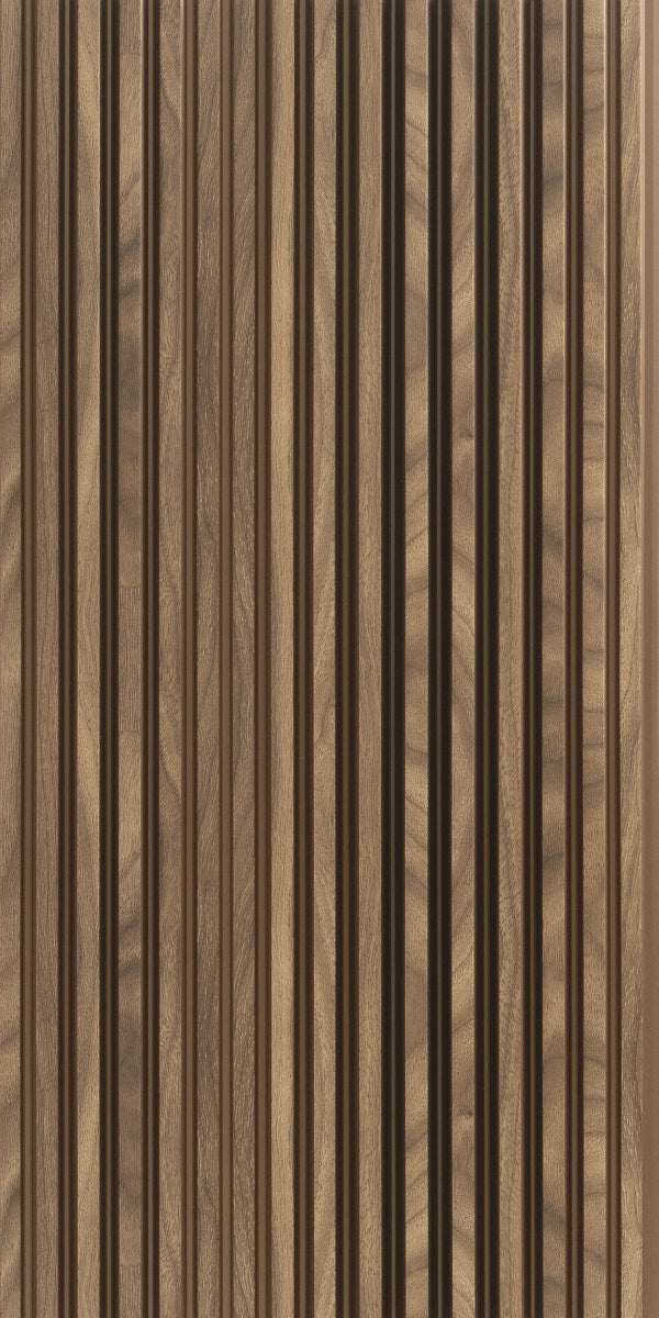 Brown fluted laminate wall panel with mirror finish, showing vertical grooves and wood grain texture.