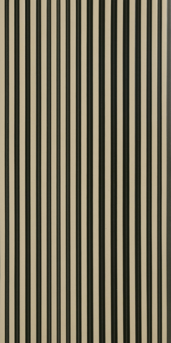 Beige and black striped designer laminate with mirror finish and vertical pattern, showing thin stripes and reflective