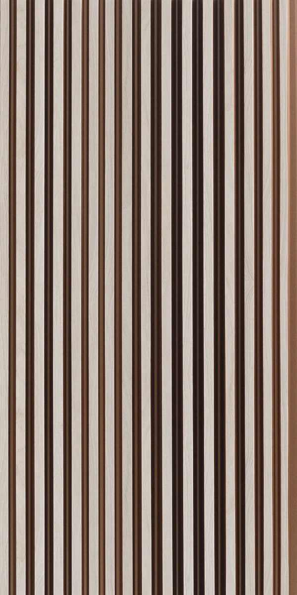 Beige and brown striped designer laminate with mirror finish, showing vertical pattern and reflective sheen.