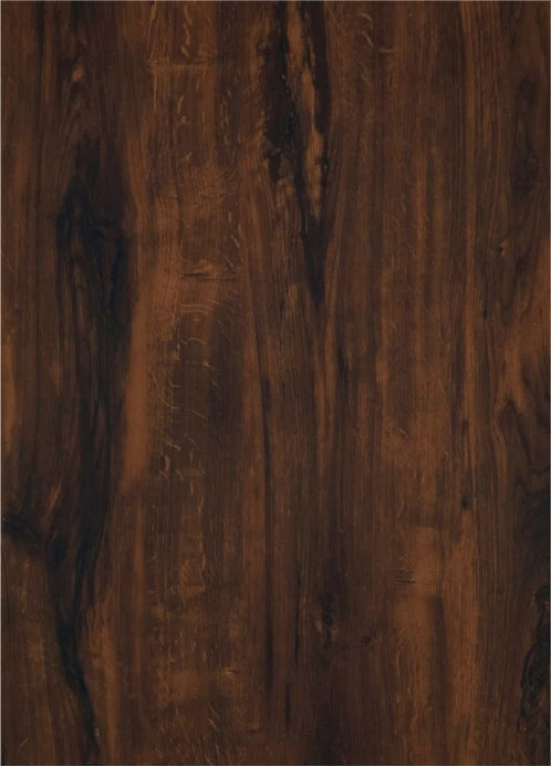 Brown wood grain laminate with glossy mirror finish and textured wood pattern visible in the detailed surface view