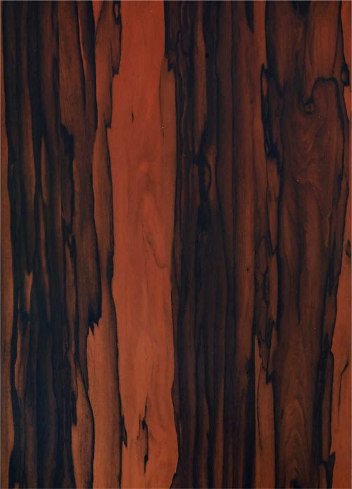 Brown wood grain laminate with mirror finish, showing dark brown veins and reflective sheen on wood pattern surface.