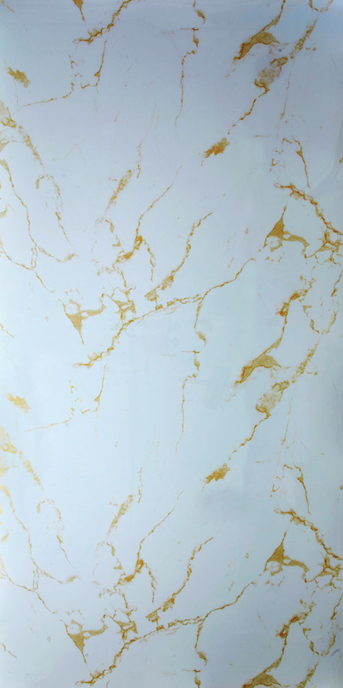 White marble laminate with gold veining and mirror finish surface, showing detailed pattern and high sheen decorative