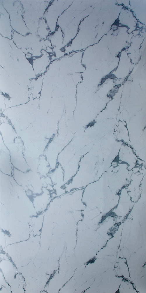 White marble laminate with dark grey veining and mirror finish surface.
