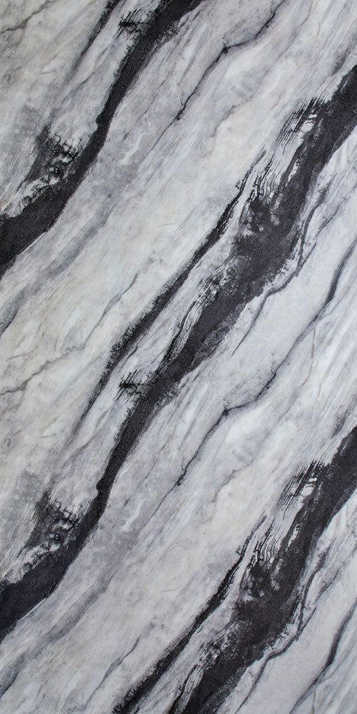 Grey marble laminate with mirror finish, diagonal black veining and reflective sheen, displaying stone pattern texture.