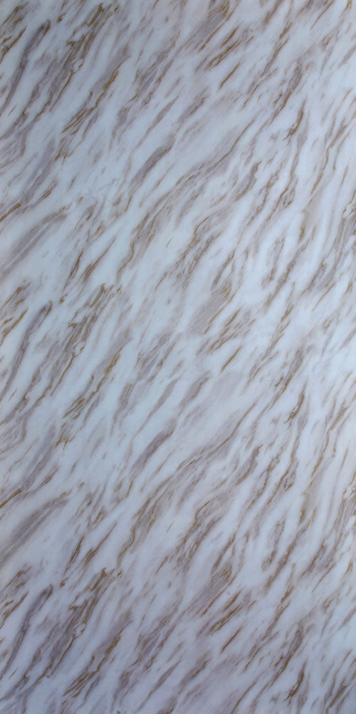 White designer laminate with mirror finish and wavy pattern, showing reflective sheen and textured surface.