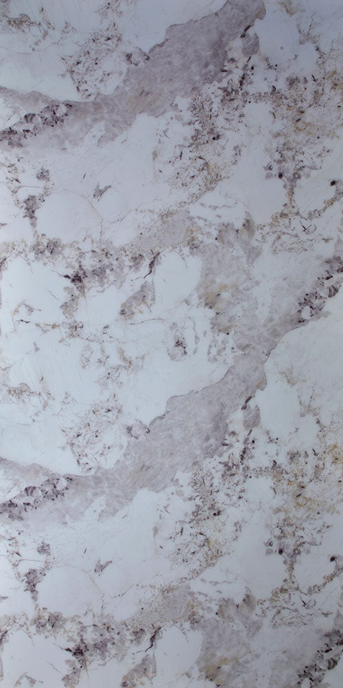 White marble laminate with mirror finish, showing veining pattern and subtle grey undertones, decorative laminate surface