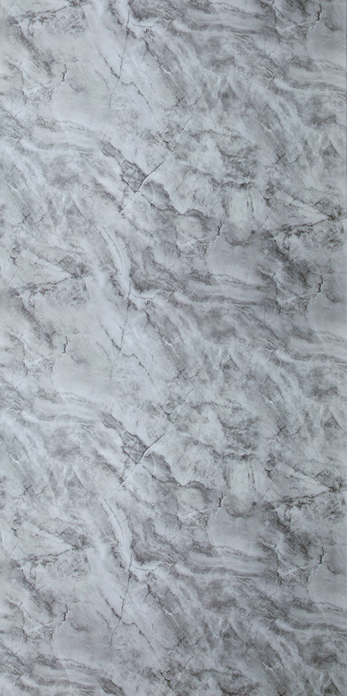 Grey marble laminate with mirror finish, veined pattern and textured surface.