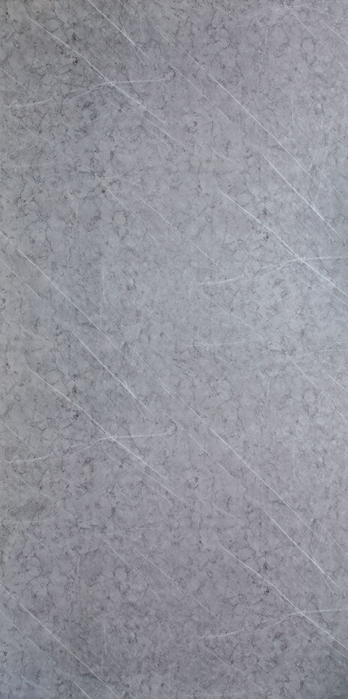 Grey marble laminate with mirror finish and diagonal white veining pattern, showing subtle texture and high sheen decorative