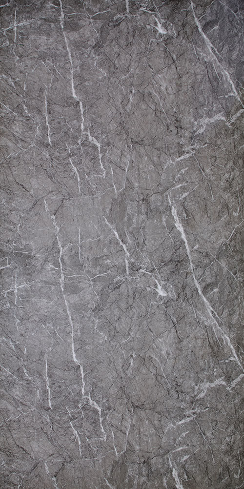 Grey marble laminate with white veining and mirror finish, showing detailed texture and pattern.