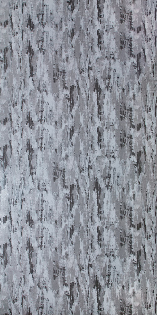 Grey designer laminate with mirror finish and abstract pattern, showing streaked texture and reflective sheen.
