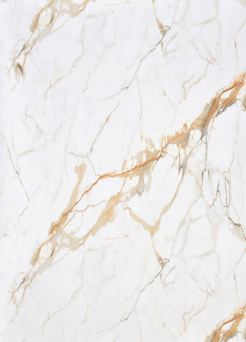 White marble laminate with gold veining and mirror finish, showing detailed texture and pattern.