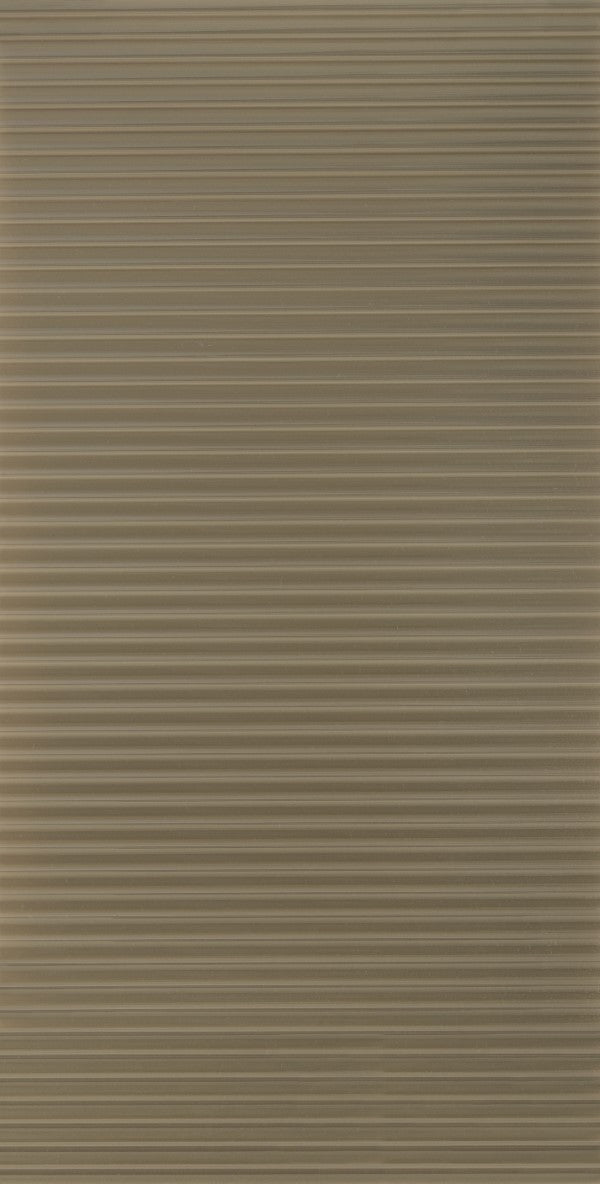 Beige mirror finish fluted laminate wall panel with horizontal ridges and reflective sheen