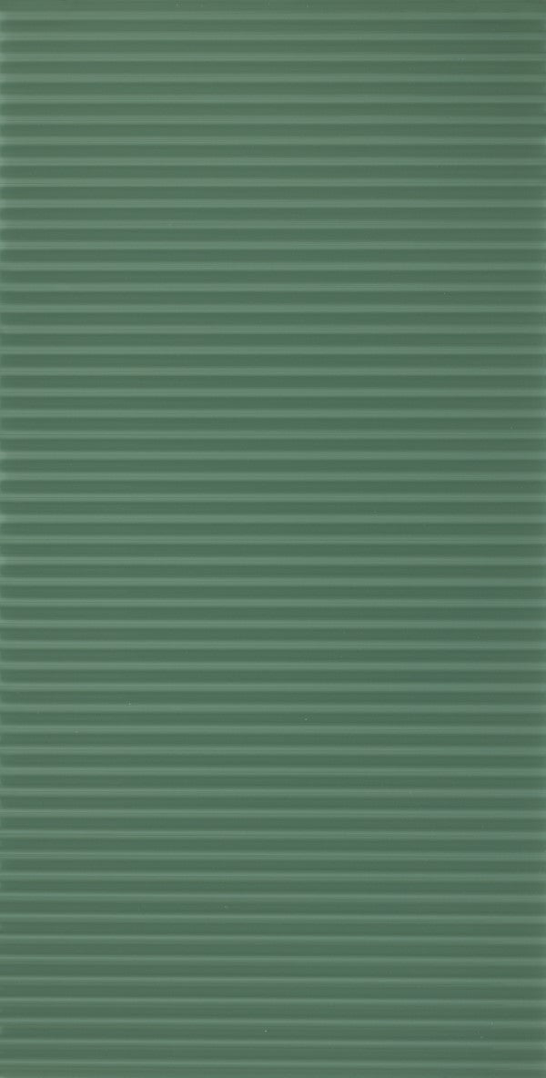 Green fluted laminate with mirror finish and horizontal ridges, showing reflective sheen and uniform pattern.