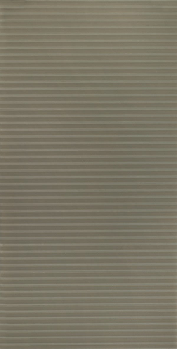 Grey fluted laminate wall panel with mirror finish and horizontal ridges, showing reflective sheen and textured surface.
