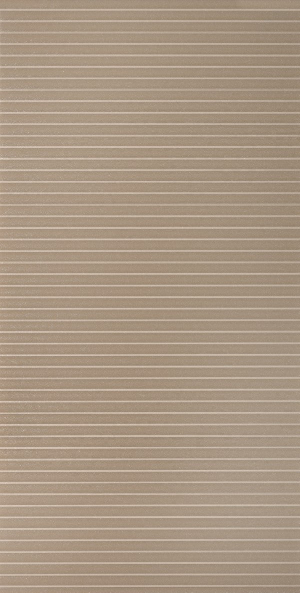 Beige fluted laminate wall panel with mirror finish and horizontal striped pattern, showing reflective sheen and textured