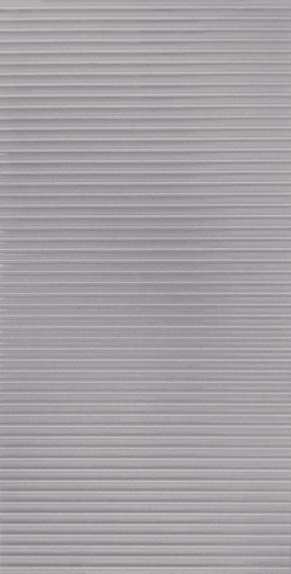 Mirror finish grey fluted laminate wall panel with horizontal ridges and reflective sheen