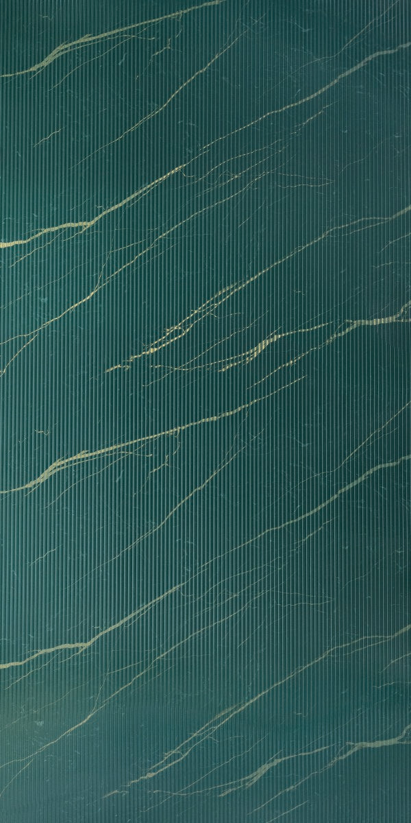 Green marble laminate with gold veins and vertical fluted texture, mirror finish wall panel.