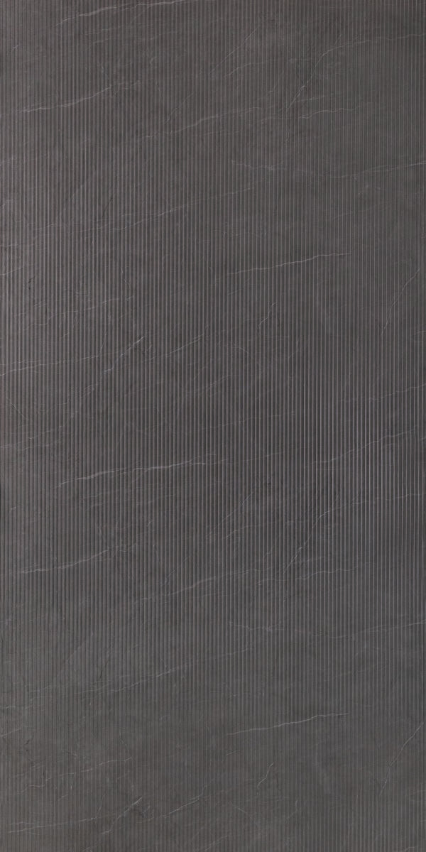 Grey marble laminate wall panel with mirror finish, vertical lines and white veining pattern, smooth reflective surface.