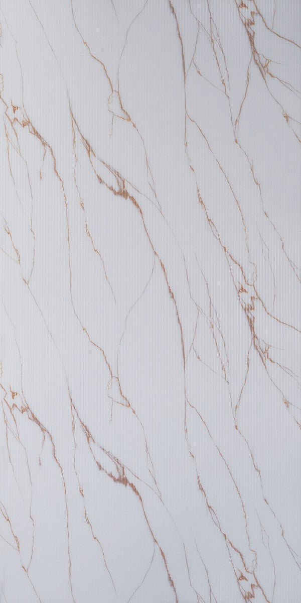 White marble laminate with gold veining and mirror finish, showing subtle vertical texture and reflective sheen.