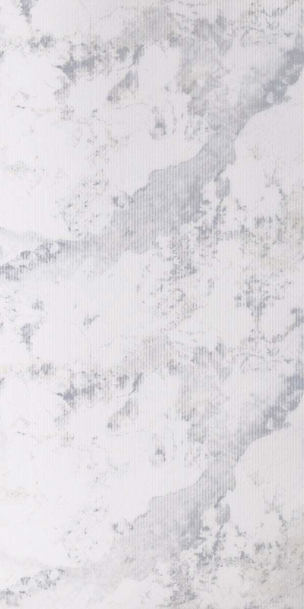 White marble laminate with mirror finish and subtle grey veining and texture visible on the surface.