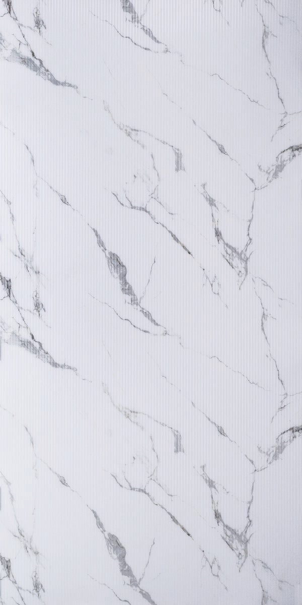 White marble laminate with gray veining and mirror finish, showing subtle texture and reflective sheen.