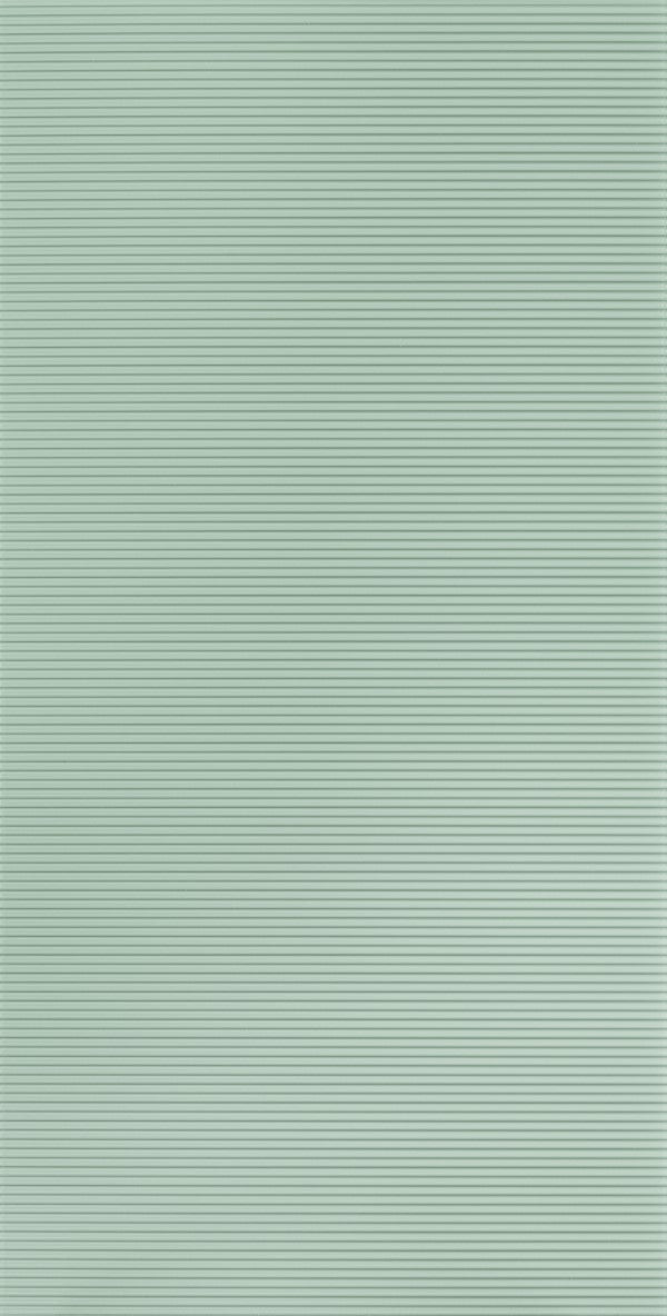 Green fluted laminate wall panel with mirror finish and horizontal ridges.