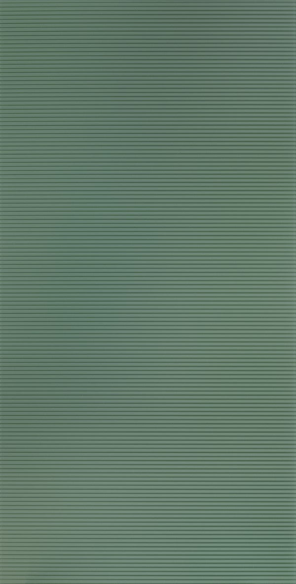 Green fluted laminate wall panel with mirror finish and horizontal ridges.