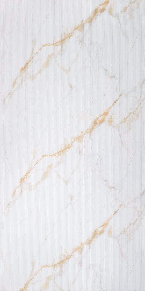 White marble laminate with gold veining and mirror finish surface, showing diagonal pattern and subtle texture.
