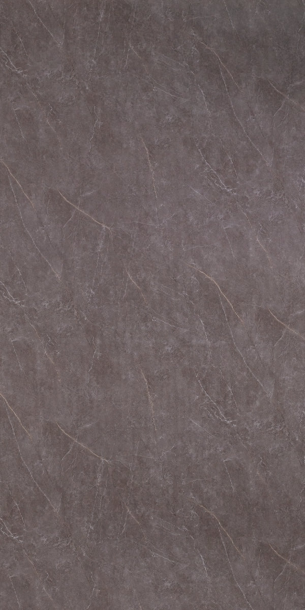 Grey marble laminate with mirror finish and white veining, showing textured surface and reflective sheen.