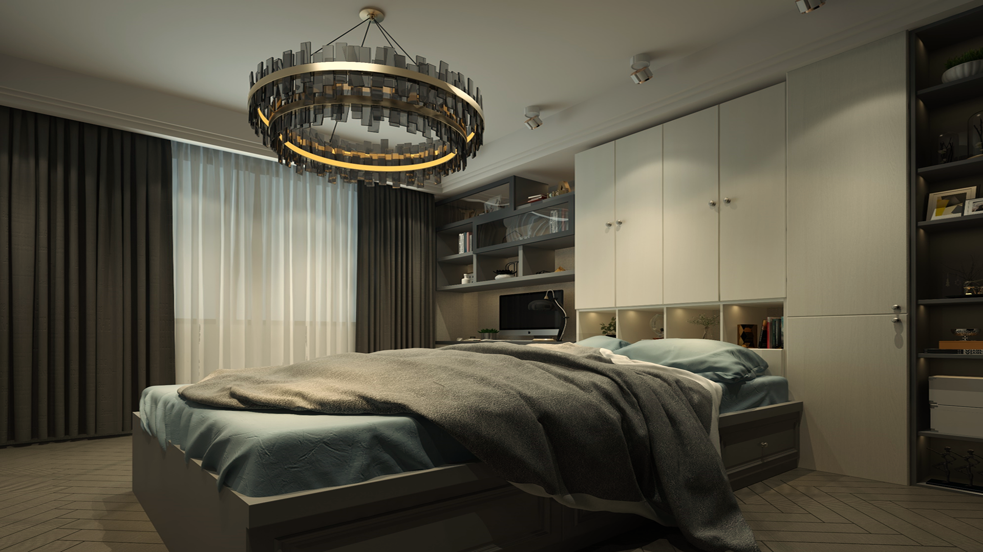 Beige wood grain laminate with matte finish used on bedroom cabinet and flooring in modern interior design setting.