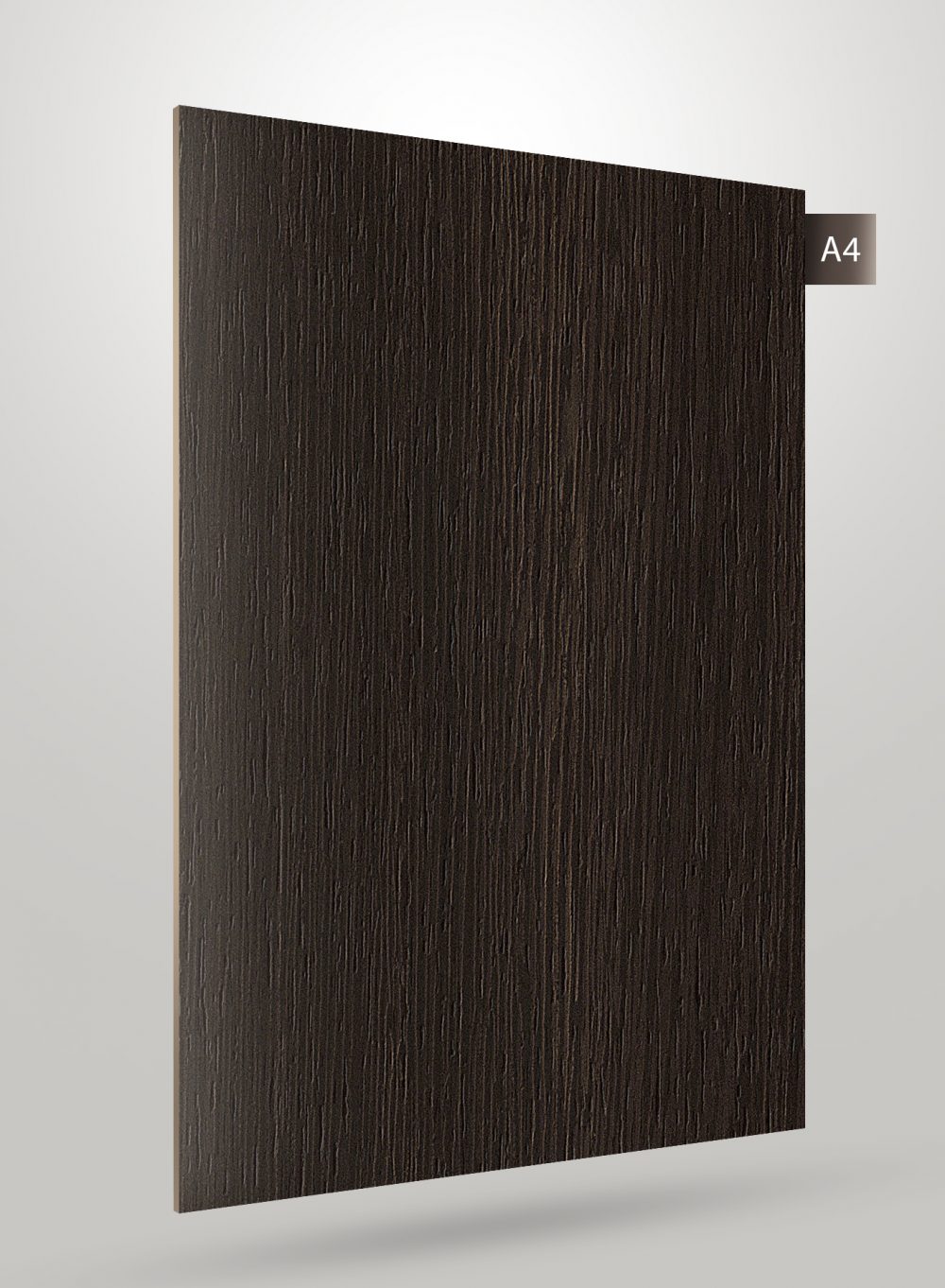 Dark brown wood grain laminate with matte finish and vertical texture pattern on a square sample.