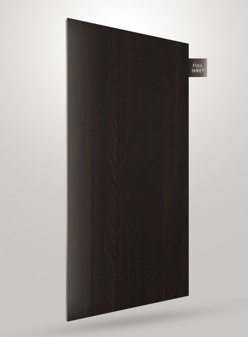 Dark brown wood grain laminate sheet with matte finish and visible wood texture, labeled full sheet.
