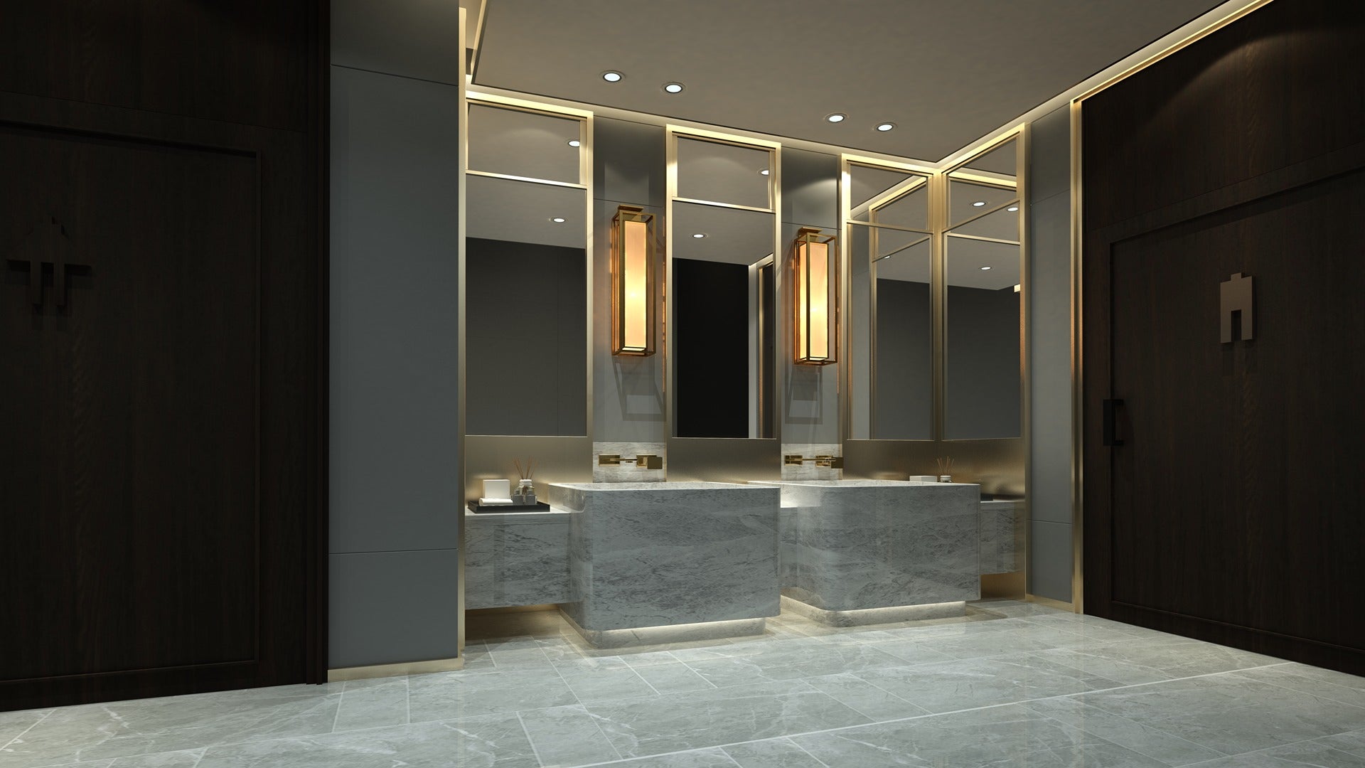 Brown wood laminate door in modern bathroom with gray marble countertops and gold accents, showing matte finish and wood