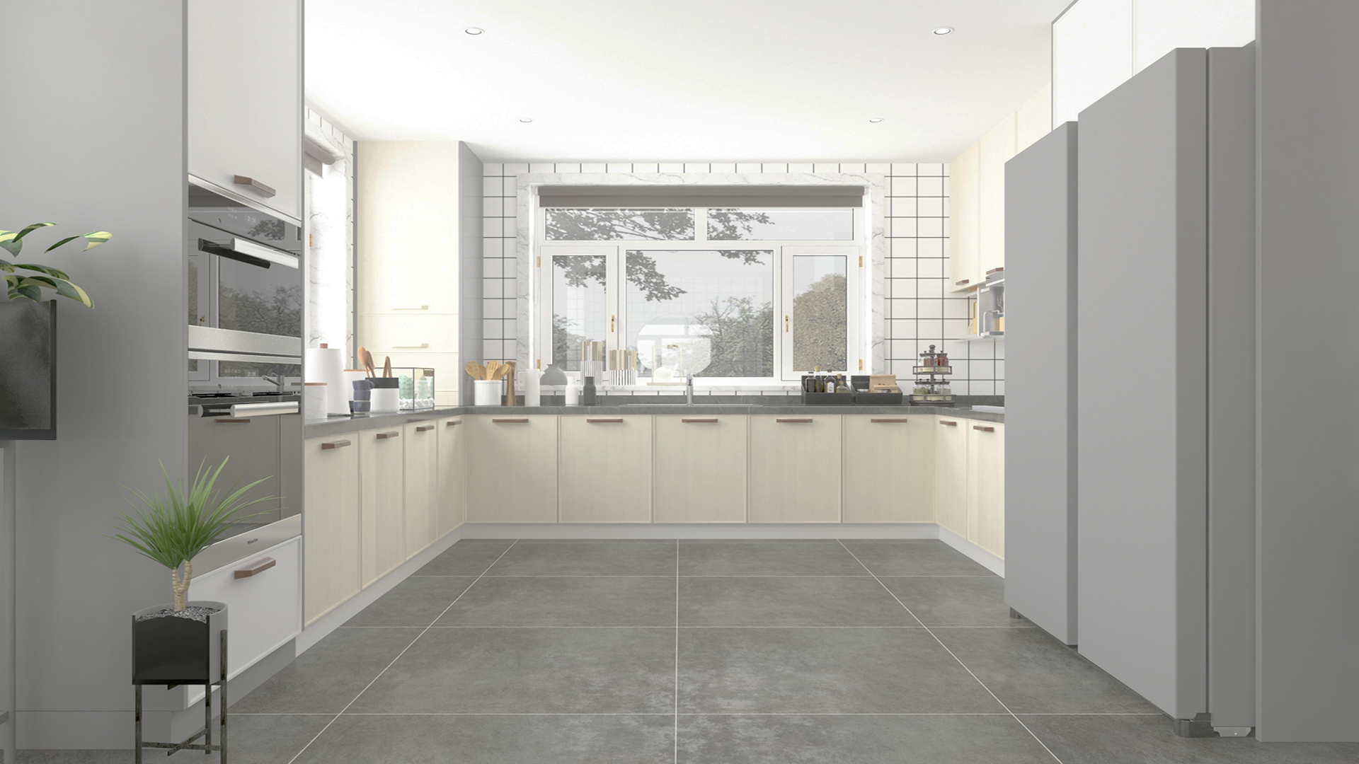 Multi-coloured patterned laminate in modern kitchen setting with matte finish and textured appearance on cabinets and wall