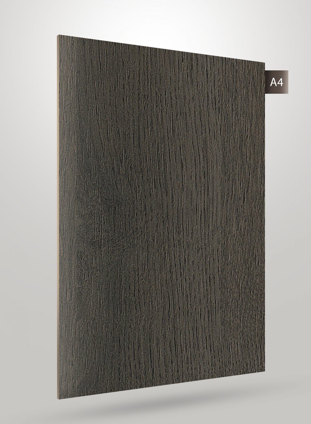 Dark grey wood grain decorative laminate with matte finish and textured surface, code A4 visible on corner tag.