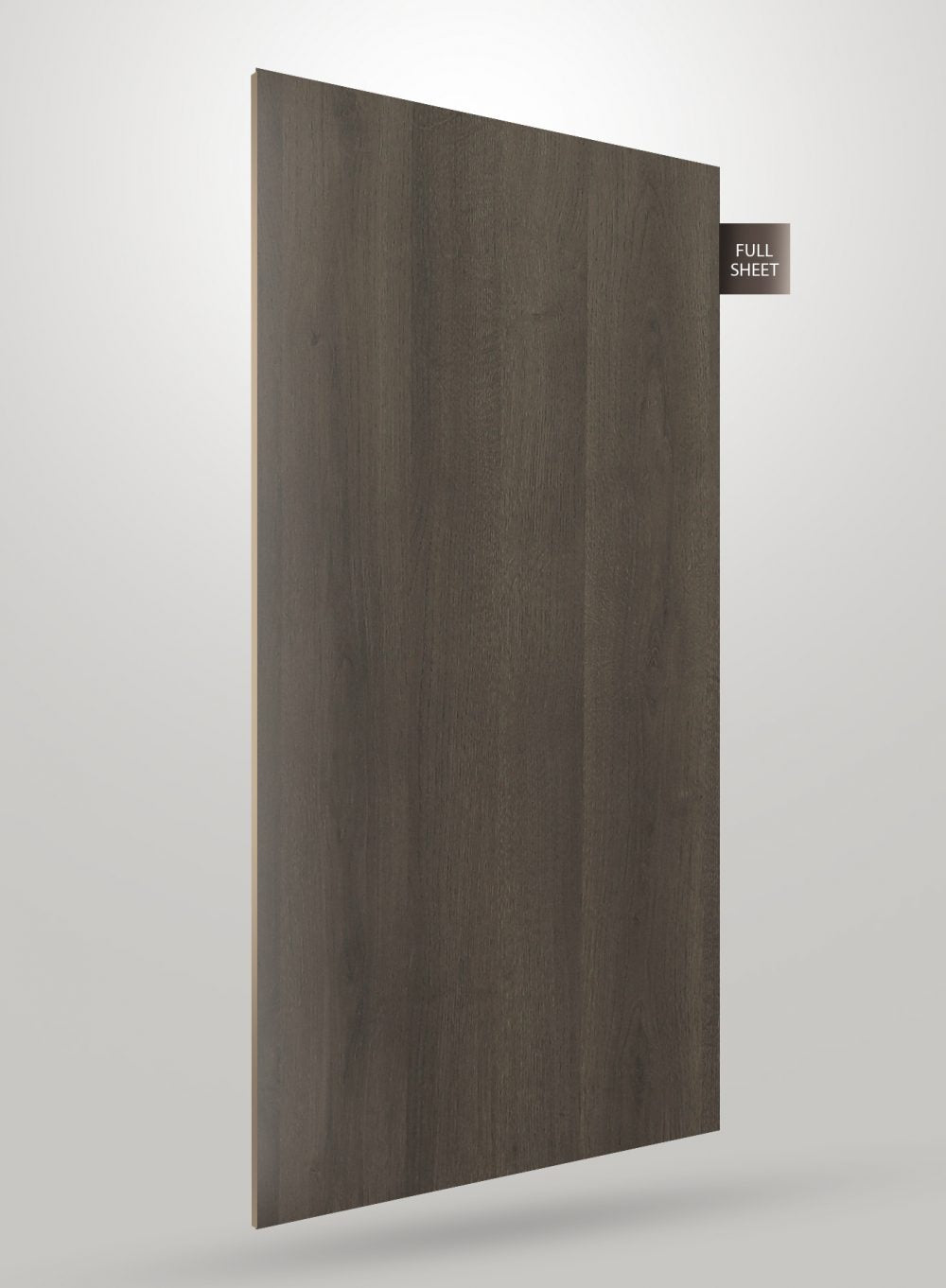 Dark brown wood grain decorative laminate sheet with matte finish and visible wood texture, labeled full sheet.