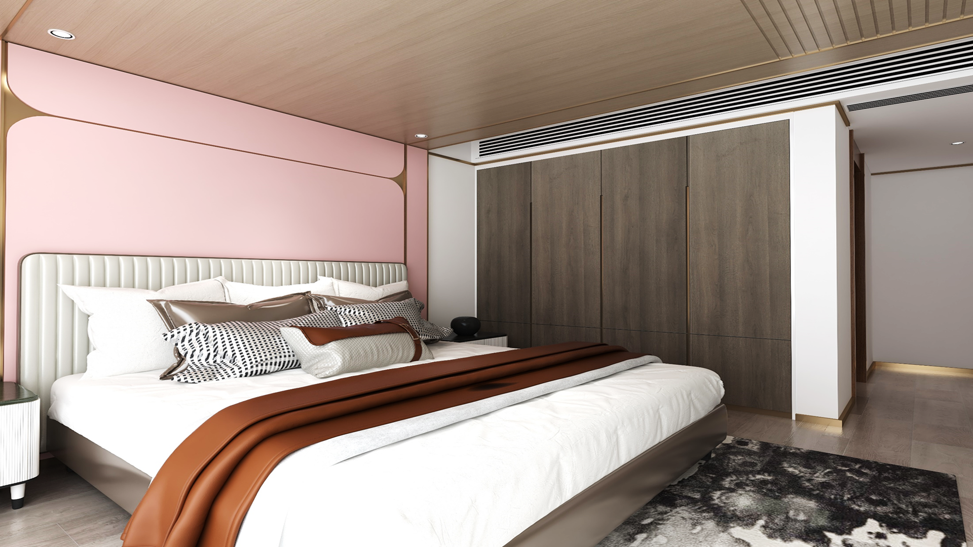 Wood laminate ceiling and wardrobe in modern bedroom with matte finish and wood grain texture visible on the surface.