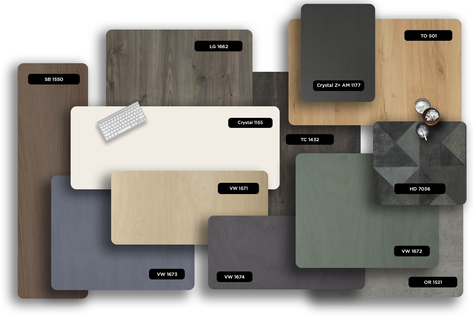 Multi-coloured wood grain laminate with matte finish and various textures, showcasing different patterns and designs.